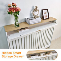 Fativo 112.5X19X95.5Cm White Radiator Cover With Drawer, Slatted Mdf Radiator Cabinet With Wood Effect Top - thumbnail 3