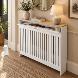 Fativo 112.5X19X95.5Cm White Radiator Cover With Drawer, Slatted Mdf Radiator Cabinet With Wood Effect Top - thumbnail 1