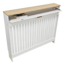 Fativo 112.5X19X95.5Cm White Radiator Cover With Drawer, Slatted Mdf Radiator Cabinet With Wood Effect Top - thumbnail 4