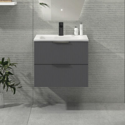 Royal Bathrooms Evora 600mm Graphite Grey Fluted Wall Hung Bathroom Vanity Unit 2 Drawer Cabinet Storage With Stone Basin & Matt Black Handles - image 1