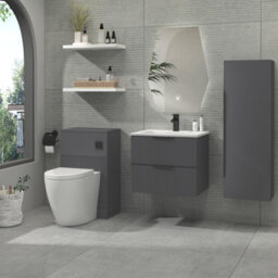 Royal Bathrooms Evora 600mm Graphite Grey Fluted Wall Hung Bathroom Vanity Unit 2 Drawer Cabinet Storage With Stone Basin & Matt Black Handles - thumbnail 2
