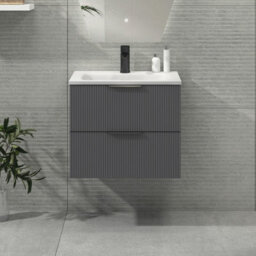 Royal Bathrooms Evora 600mm Graphite Grey Fluted Wall Hung Bathroom Vanity Unit 2 Drawer Cabinet Storage With Stone Basin & Matt Black Handles