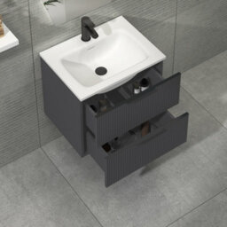 Royal Bathrooms Evora 600mm Graphite Grey Fluted Wall Hung Bathroom Vanity Unit 2 Drawer Cabinet Storage With Stone Basin & Matt Black Handles - thumbnail 3