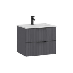 Royal Bathrooms Evora 600mm Graphite Grey Fluted Wall Hung Bathroom Vanity Unit 2 Drawer Cabinet Storage With Stone Basin & Matt Black Handles - thumbnail 7