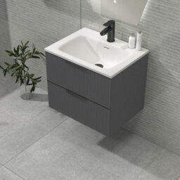 Royal Bathrooms Evora 600mm Graphite Grey Fluted Wall Hung Bathroom Vanity Unit 2 Drawer Cabinet Storage With Stone Basin & Matt Black Handles - thumbnail 4