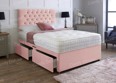 Comfy Deluxe 4Ft6 Double Pink Plush Velvet Pocket Divan Bed & Chesterfield Headboard 2 Drawers Same Side