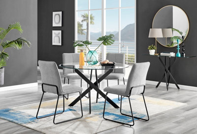 Furniturebox Novara Clear Tempered Glass 120Cm Round Dining Table With Black Starburst Legs & 4 Light Grey Halle Fabric Chairs - image 1