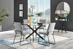 Furniturebox Novara Clear Tempered Glass 120Cm Round Dining Table With Black Starburst Legs & 4 Light Grey Halle Fabric Chairs - thumbnail 1