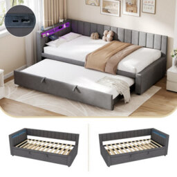 Btm 3Ft Velvet Daybed With Rgb Led, Charging Station & Trundle, Grey (No Mattress) - thumbnail 2