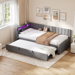 Btm 3Ft Velvet Daybed With Rgb Led, Charging Station & Trundle, Grey (No Mattress) - thumbnail 3