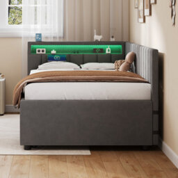 Btm 3Ft Velvet Daybed With Rgb Led, Charging Station & Trundle, Grey (No Mattress) - thumbnail 7
