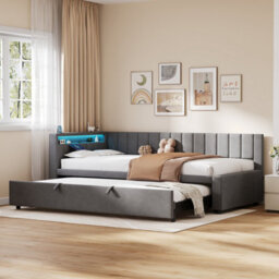 Btm 3Ft Velvet Daybed With Rgb Led, Charging Station & Trundle, Grey (No Mattress) - thumbnail 4