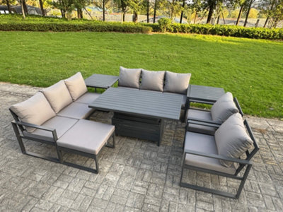Fimous Garden Aluminium Furniture Set 9 Seater Adjustable Rising Lifting Dining Table With 2 Chairs 2 Side Tables Big Footstool - image 1