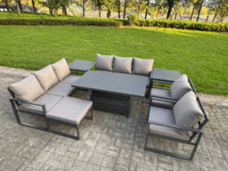 Fimous Garden Aluminium Furniture Set 9 Seater Adjustable Rising Lifting Dining Table With 2 Chairs 2 Side Tables Big Footstool - thumbnail 1