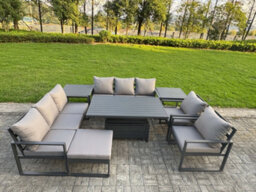 Fimous Garden Aluminium Furniture Set 9 Seater Adjustable Rising Lifting Dining Table With 2 Chairs 2 Side Tables Big Footstool - thumbnail 2