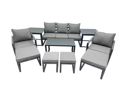 Fimous 9 Seat Outdoor Garden Furniture Set Aluminium Lounge 3 Seat Sofa Oblong Coffee Table Sets With Chair 4 Stools Dark Grey - image 1