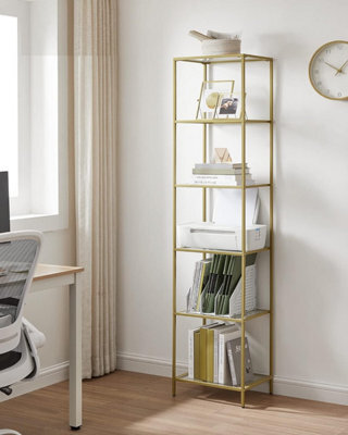 Glass Shelving Unit, 6 Level Book Organizer, Storage Rack, Glass, For Bathroom, Lounge, Bedroom, Workspace, Metallic Gold - image 1