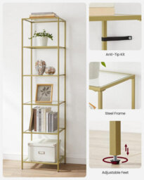 Songmics Glass Shelving Unit, 6 Level Book Organizer, Storage Rack, Glass, For Bathroom, Lounge, Bedroom, Workspace, Metallic Gold - thumbnail 7
