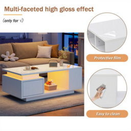 Abrihome High Gloss Coffee Table With Open Storage, 1 Drawer, Led Lights, Sofa Side Table, Coffee End Table For Living Room, Office, White - thumbnail 3