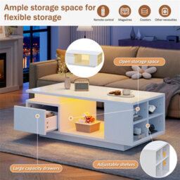 Abrihome High Gloss Coffee Table With Open Storage, 1 Drawer, Led Lights, Sofa Side Table, Coffee End Table For Living Room, Office, White - thumbnail 2