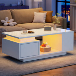 Abrihome High Gloss Coffee Table With Open Storage, 1 Drawer, Led Lights, Sofa Side Table, Coffee End Table For Living Room, Office, White - thumbnail 1