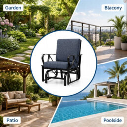 Outdoor Patio Glider Chair, Removable Water Resistant Cushions, Silent Gliding Motion For Garden Porch Balcony, Blue - thumbnail 5