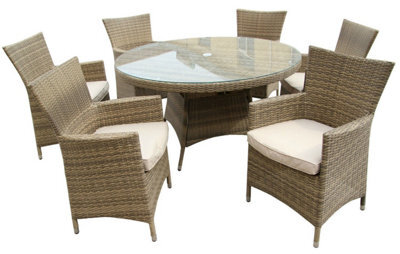 Furniture One Rattan Effect Natural Round 6 Seater Dining Set Table & Chair Set No Assembly & Aluminium Frame