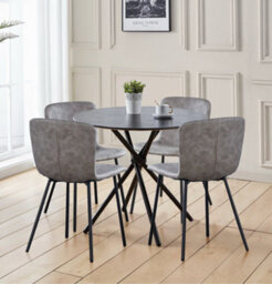Hallowood Furniture Cullompton Small Black Round Dining Table 90Cm With 4 Taupe Leather Effect Chairs