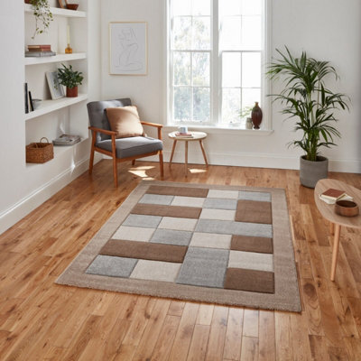 Beige Grey Modern Bordered Chequered Geometric Rug For Dining Room-120Cm X 170Cm - image 1