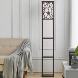 Darphe Multifunctional Carved Floor Lamp With Wooden Shelf, Walnut,160Cm