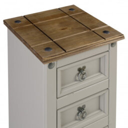 Mercers Furniture Corona Grey Wax Narrow 4 Drawer Bedside Cabinet Chest Table Solid Wood Pine Wooden With Mexican Styling - thumbnail 3