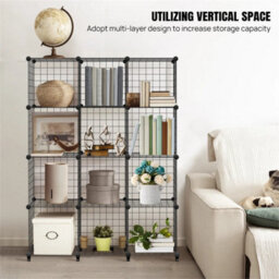 Interlocking Storage Unit 12 Cube Diy Wire Grid Bookcase Black Multifunctional - thumbnail 6