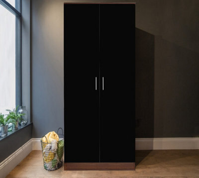 Reflect 2 Door Plain Wardrobe - Black Gloss & Walnut - Hanging Rails & Shelves - H: 180Cm X W: 76Cm - Modern Sleek Design - image 1