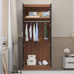 Reflect 2 Door Plain Wardrobe - Black Gloss & Walnut - Hanging Rails & Shelves - H: 180Cm X W: 76Cm - Modern Sleek Design - thumbnail 4