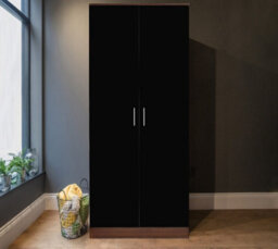 Reflect 2 Door Plain Wardrobe - Black Gloss & Walnut - Hanging Rails & Shelves - H: 180Cm X W: 76Cm - Modern Sleek Design