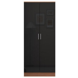 Reflect 2 Door Plain Wardrobe - Black Gloss & Walnut - Hanging Rails & Shelves - H: 180Cm X W: 76Cm - Modern Sleek Design - thumbnail 7