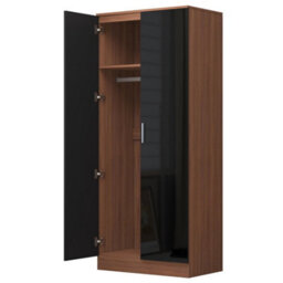 Reflect 2 Door Plain Wardrobe - Black Gloss & Walnut - Hanging Rails & Shelves - H: 180Cm X W: 76Cm - Modern Sleek Design - thumbnail 6