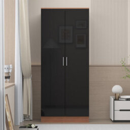 Reflect 2 Door Plain Wardrobe - Black Gloss & Walnut - Hanging Rails & Shelves - H: 180Cm X W: 76Cm - Modern Sleek Design - thumbnail 3
