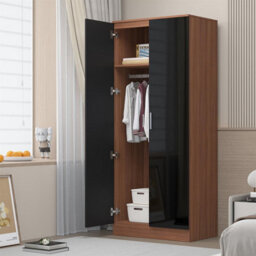 Reflect 2 Door Plain Wardrobe - Black Gloss & Walnut - Hanging Rails & Shelves - H: 180Cm X W: 76Cm - Modern Sleek Design - thumbnail 2