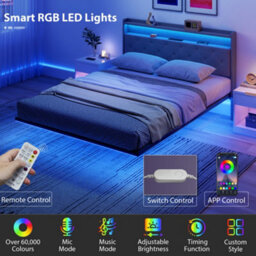 Homcom Floating Bed Frame With Rgb Lights, Upholstered King Size Bed, Grey - thumbnail 5