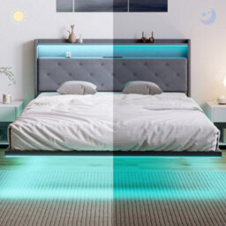 Homcom Floating Bed Frame With Rgb Lights, Upholstered King Size Bed, Grey - thumbnail 9