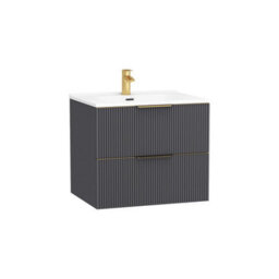 Royal Bathrooms Evora 700mm Graphite Grey Wall Hung Bathroom Vanity Unit 2 Drawer With Ceramic Basin & Brushed Brass Handles - thumbnail 6