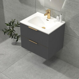 Royal Bathrooms Evora 700mm Graphite Grey Wall Hung Bathroom Vanity Unit 2 Drawer With Ceramic Basin & Brushed Brass Handles - thumbnail 5