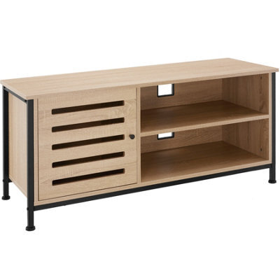 Tectake Tv Stand - Lowboard Cabinet, 2 Shelves, Storage Compartment With Door, 2 Cable Cutouts 110 Cm - Industrial Wood Light, Oak Sonoma - image 1