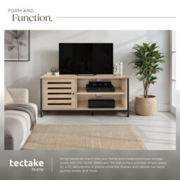 Tectake Tv Stand - Lowboard Cabinet, 2 Shelves, Storage Compartment With Door, 2 Cable Cutouts 110 Cm - Industrial Wood Light, Oak Sonoma - thumbnail 4