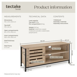 Tectake Tv Stand - Lowboard Cabinet, 2 Shelves, Storage Compartment With Door, 2 Cable Cutouts 110 Cm - Industrial Wood Light, Oak Sonoma - thumbnail 6