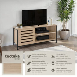 Tectake Tv Stand - Lowboard Cabinet, 2 Shelves, Storage Compartment With Door, 2 Cable Cutouts 110 Cm - Industrial Wood Light, Oak Sonoma - thumbnail 2