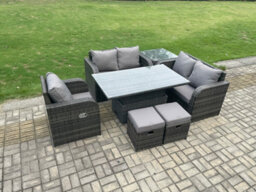 Fimous 7 Seater Rattan Furniture Garden Dining Set Outdoor Height Adjustable Rising Lifting Table Love Sofa Chair - thumbnail 1