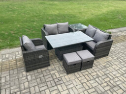 Fimous 7 Seater Rattan Furniture Garden Dining Set Outdoor Height Adjustable Rising Lifting Table Love Sofa Chair - thumbnail 2
