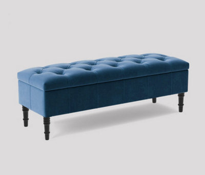 Alyana Ottoman Bench With Storage And Turned Wooden Legs, 90Cm Wide Ottoman Box - Duck Egg Plush Velvet - image 1